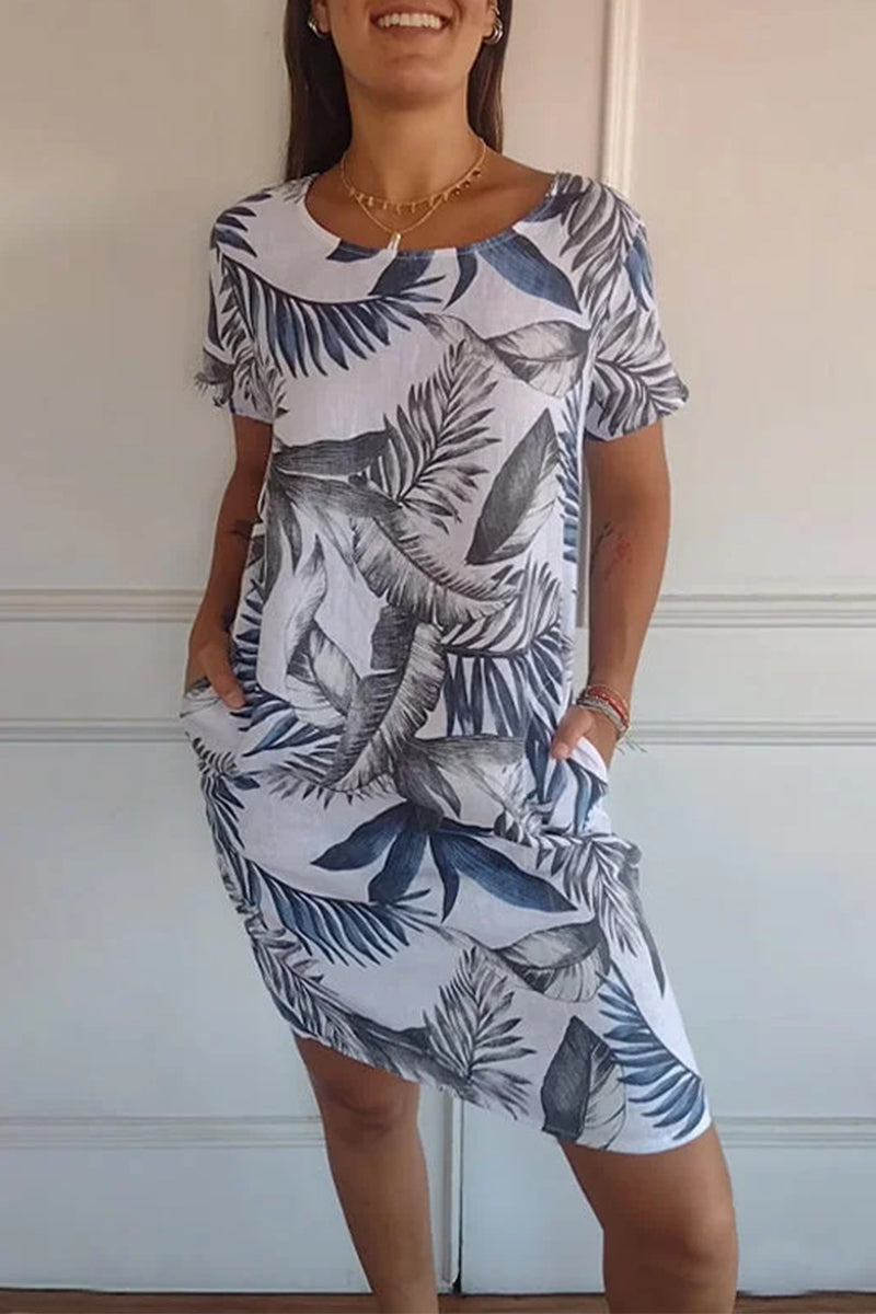 Vestidos casuales estampados con cuello redondo y bolsillos florales