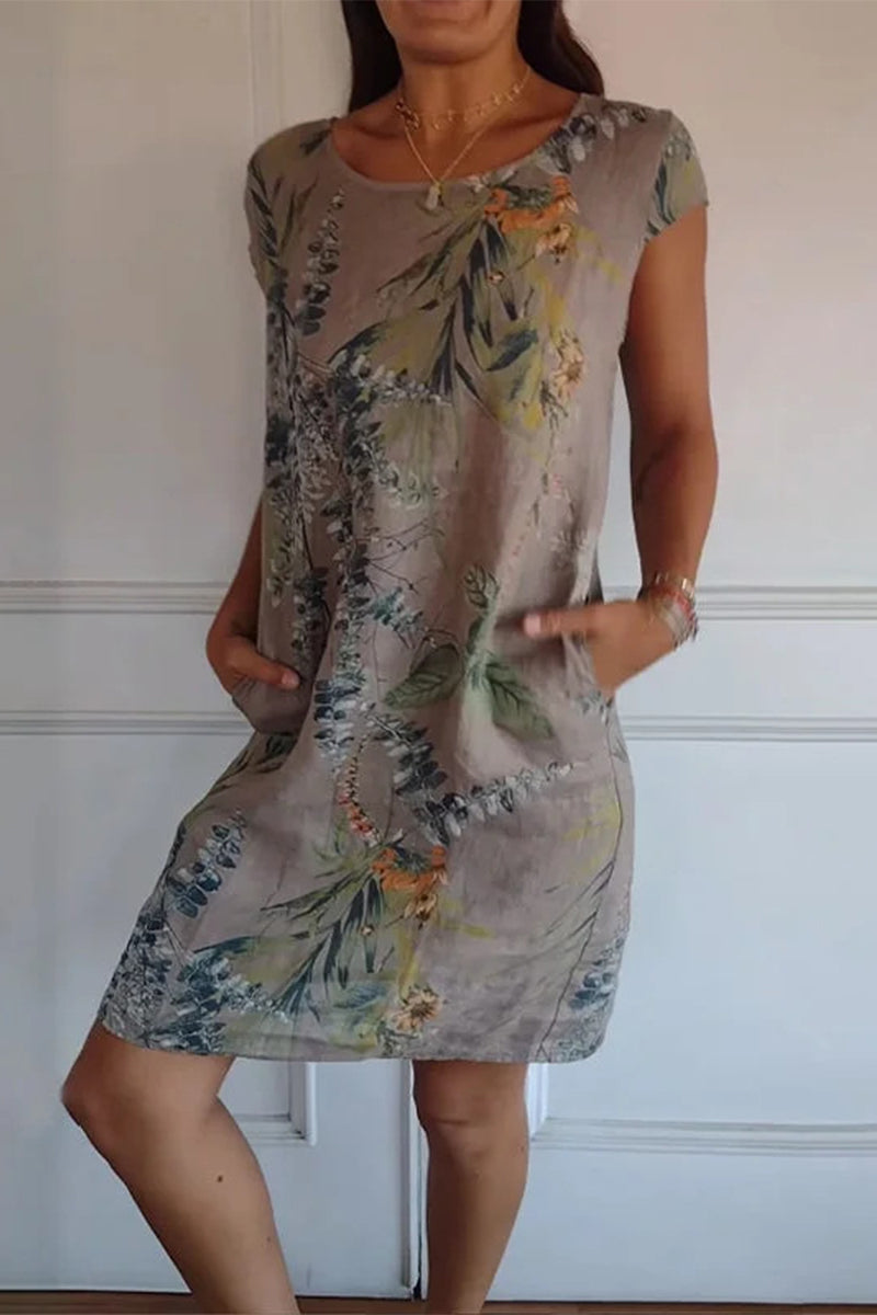 Vestidos casuales estampados con cuello redondo y bolsillos florales