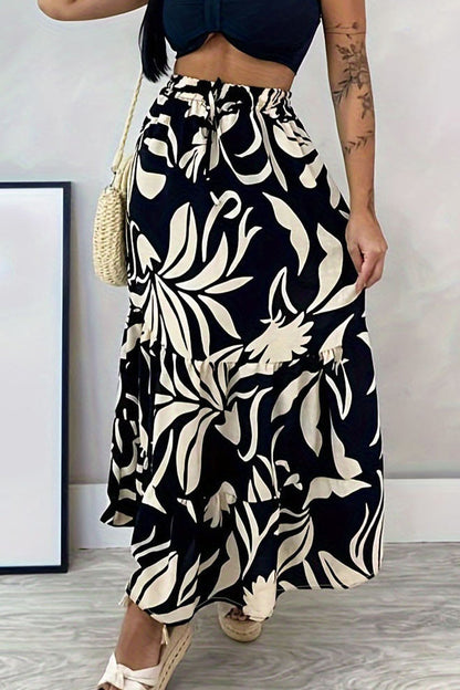 Elegante pantalón holgado tipo A con estampado floral y frenillo completo