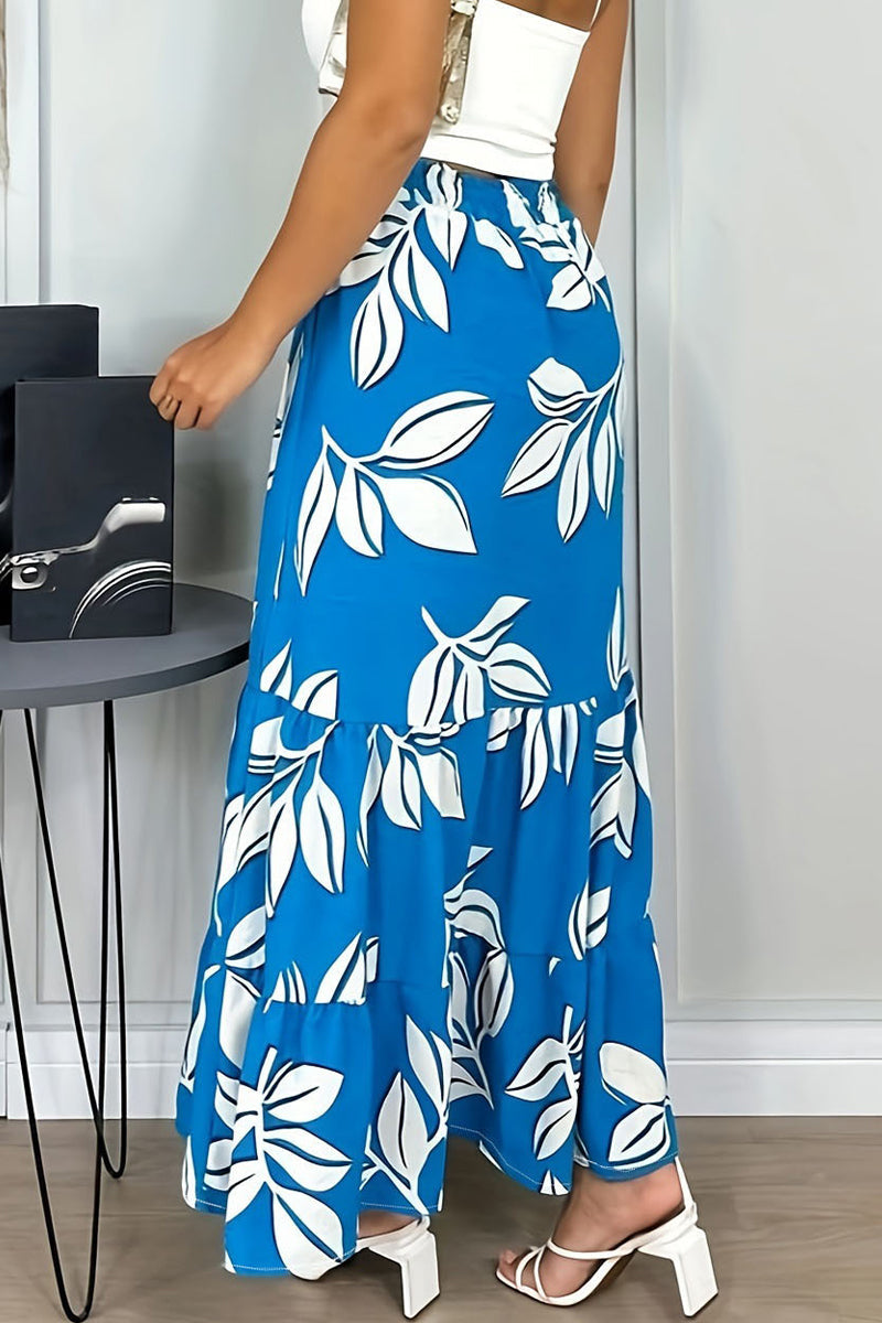 Elegante pantalón holgado tipo A con estampado floral y frenillo completo