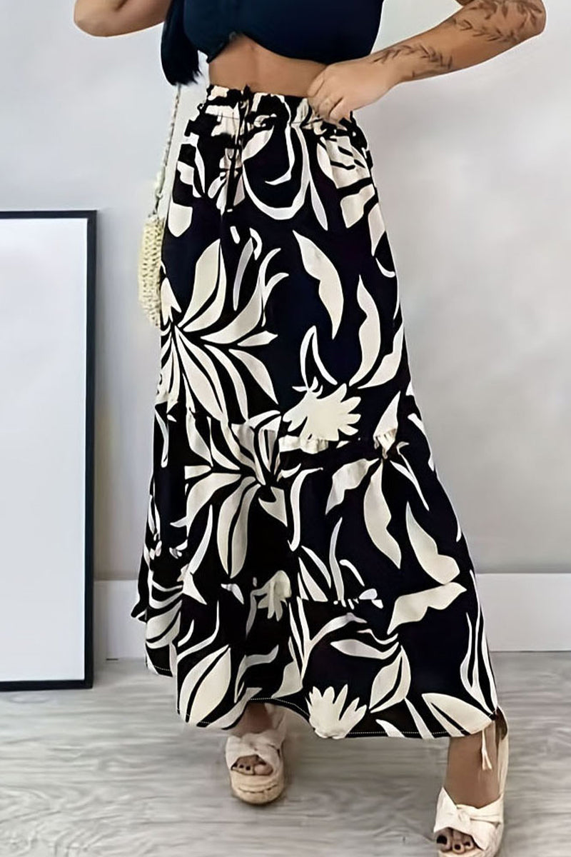 Elegante pantalón holgado tipo A con estampado floral y frenillo completo