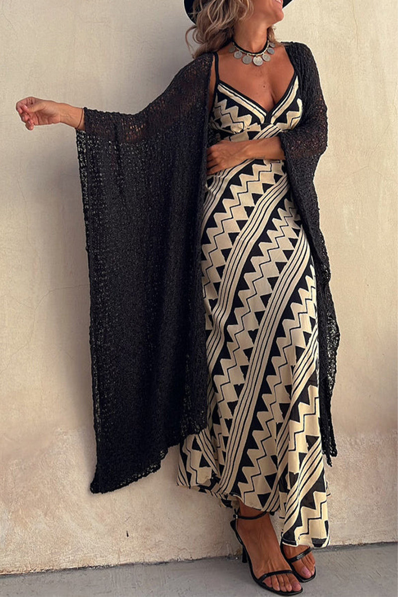 Vestidos bohemios de vacaciones con cuello en V y estampado de rayas y patchwork