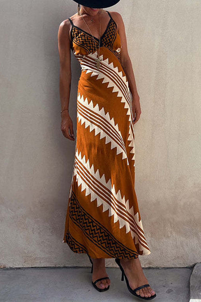 Vestidos bohemios de vacaciones con cuello en V y estampado de rayas y patchwork