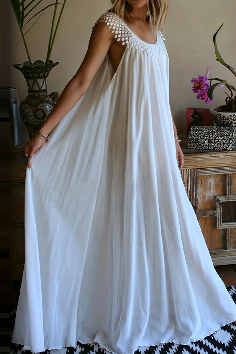 Vestidos casuales sencillos con borlas lisas y cuello en U sin mangas