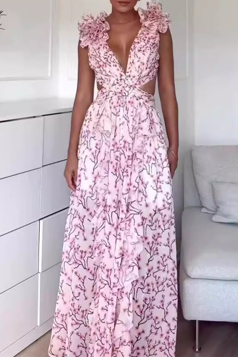 Vestidos elegantes de corte A con escote en V y orillo de flores