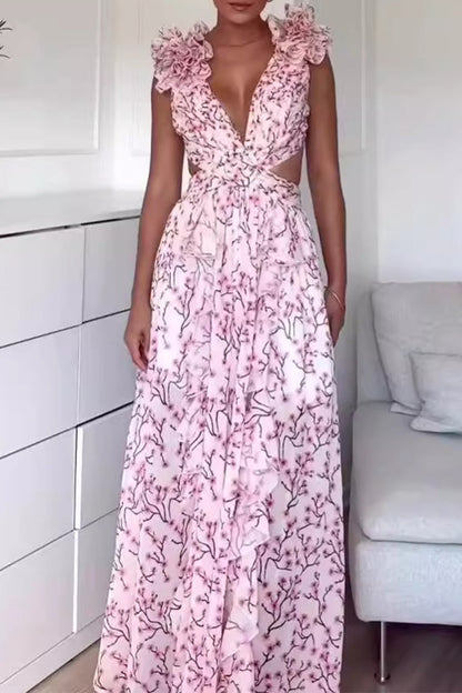 Vestidos elegantes de corte A con escote en V y orillo de flores