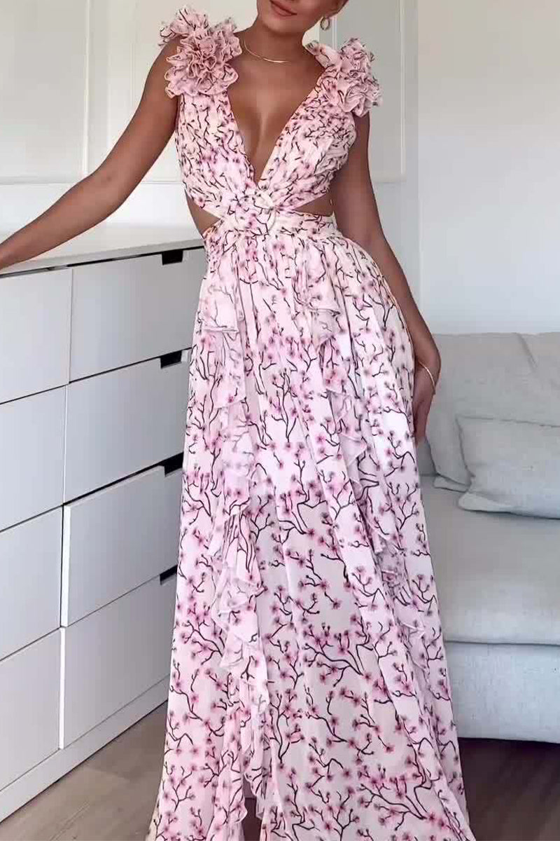 Vestidos elegantes de corte A con escote en V y orillo de flores