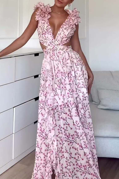 Vestidos elegantes de corte A con escote en V y orillo de flores