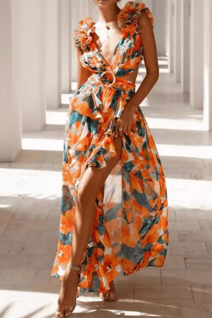 Vestidos elegantes de corte A con escote en V y orillo de flores