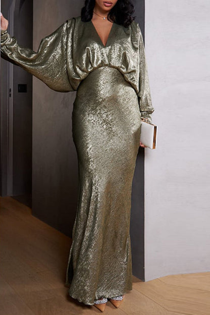 Vestidos largos casuales de cuello en V con patchwork sólido