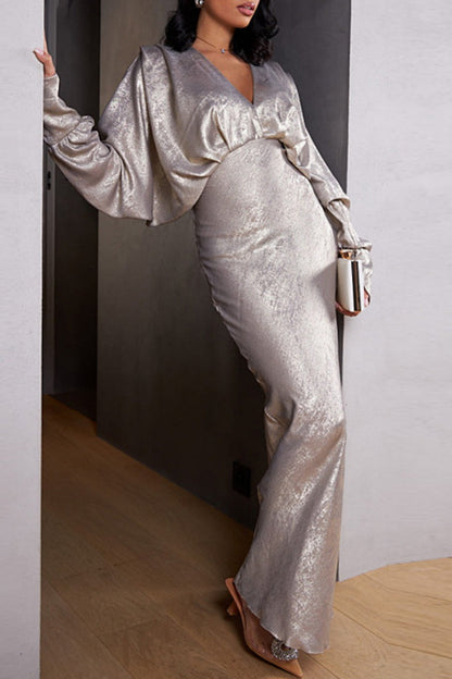 Vestidos largos casuales de cuello en V con patchwork sólido