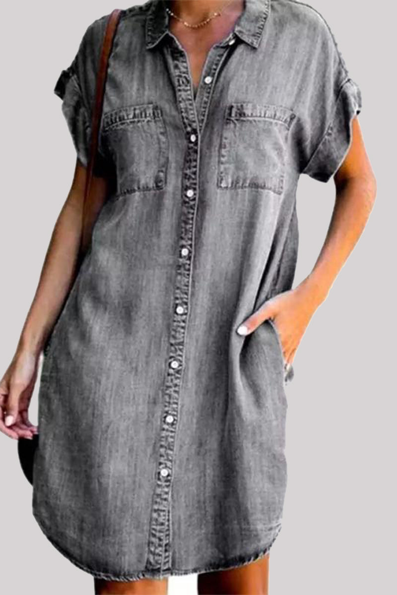 Vestidos de moda urbana con cuello camisero, hebilla y bolsillos lisos (3 colores)