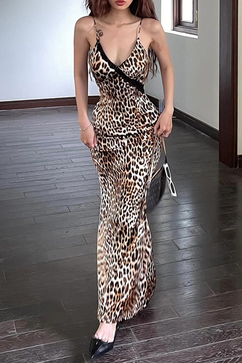 Vestidos sexis vintage de leopardo con espalda descubierta y escote en V, falda de un solo paso