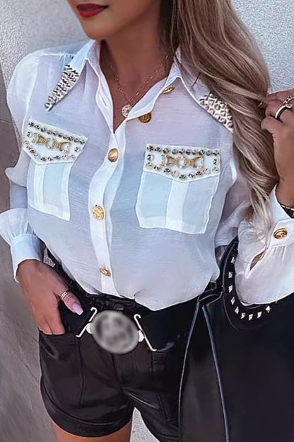 Elegantes remaches sólidos, accesorios de metal, decoración, cuello vuelto, blusas