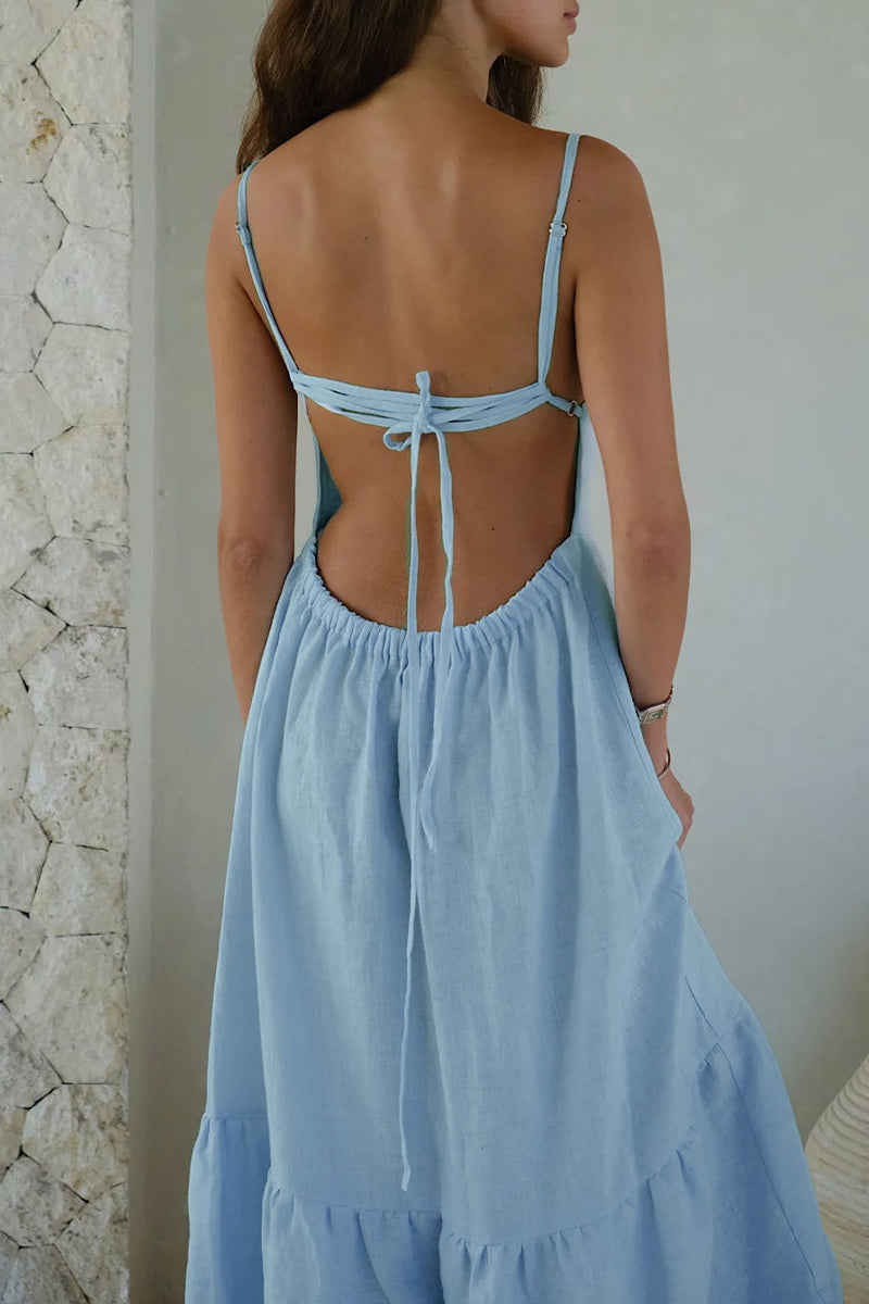 Vestidos sexis de vacaciones con falda pastel, escote en U, espalda descubierta y frenillo liso