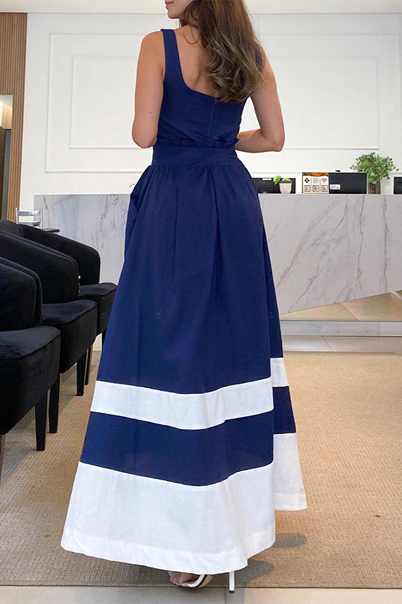 Vestidos casuales de rayas con cuello cuadrado y patchwork