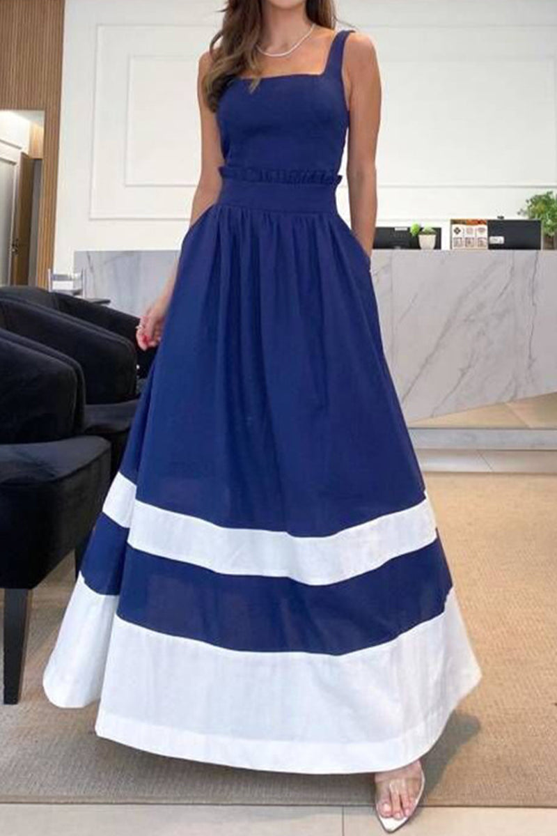 Vestidos casuales de rayas con cuello cuadrado y patchwork