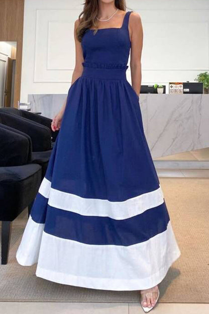 Vestidos casuales de rayas con cuello cuadrado y patchwork