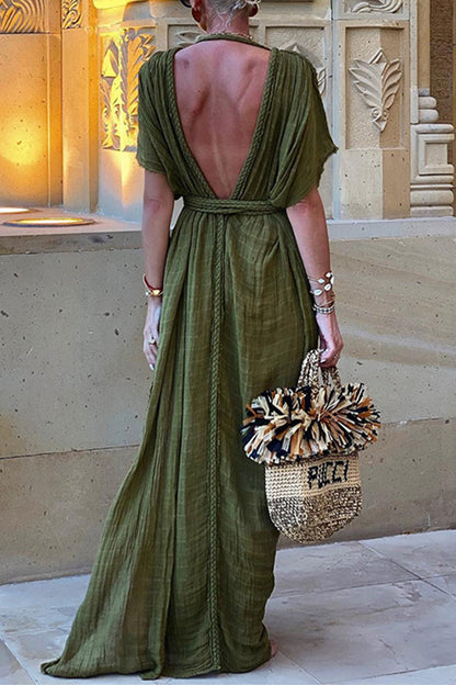 Vestidos casuales sencillos de corte A con escote en V y abertura en el bajo, de color liso