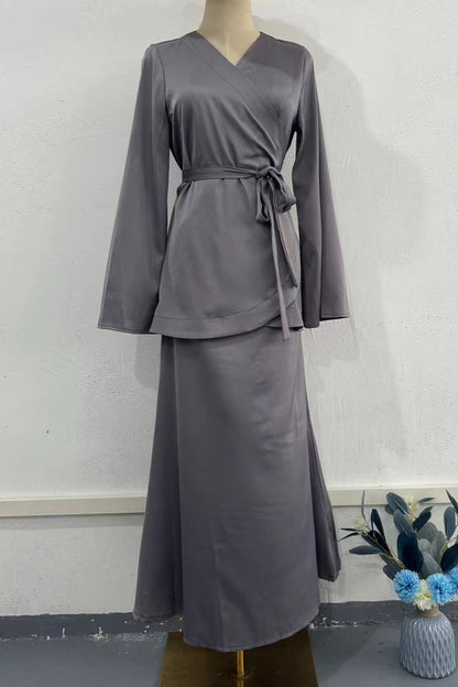 Elegante y sencillo diseño de tirantes sólidos, escote en V, manga larga, dos piezas