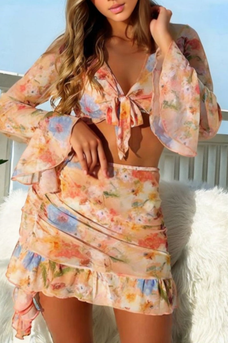 Traje de baño de cuatro piezas con estampado sexy de vendaje y parches (con relleno)