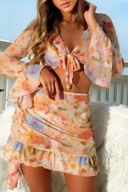 Traje de baño de cuatro piezas con estampado sexy de vendaje y parches (con relleno)