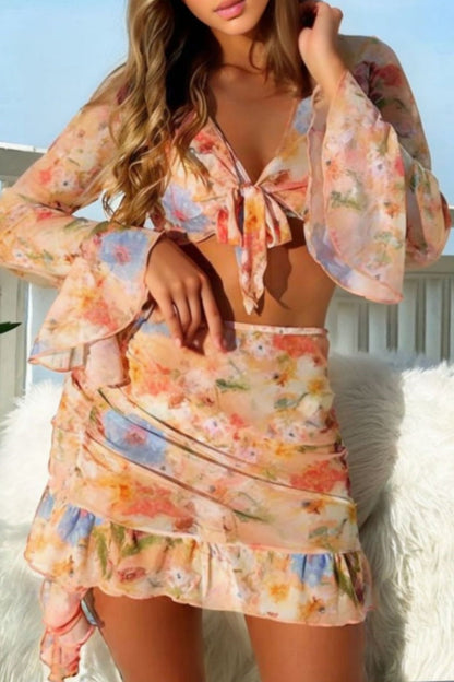 Traje de baño de cuatro piezas con estampado sexy de vendaje y parches (con relleno)