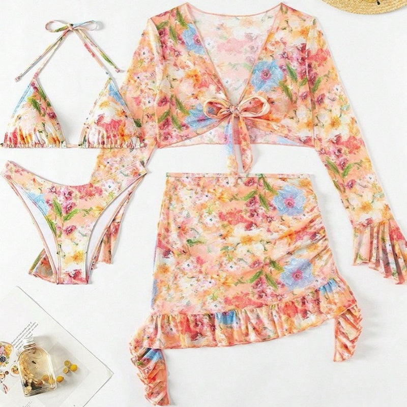 Traje de baño de cuatro piezas con estampado sexy de vendaje y parches (con relleno)