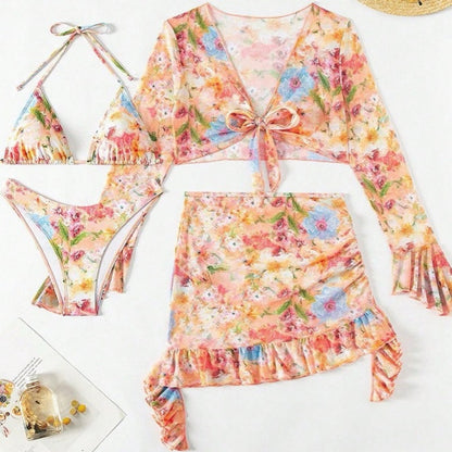 Traje de baño de cuatro piezas con estampado sexy de vendaje y parches (con relleno)