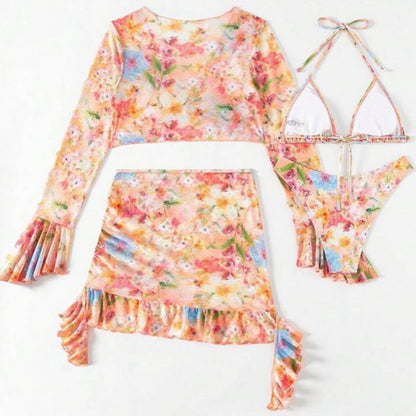 Traje de baño de cuatro piezas con estampado sexy de vendaje y parches (con relleno)