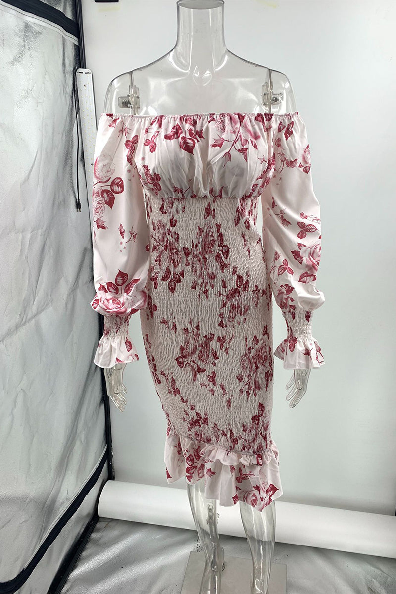 Vestidos sexys con flores de patchwork, falda cruzada con hombros descubiertos y pliegues