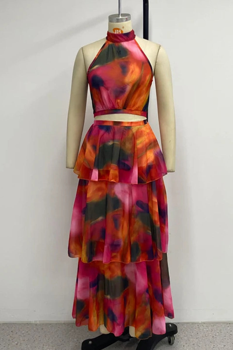 Vestidos sexis con cuello alto, falda pastel y orillo fibroso con estampado degradado