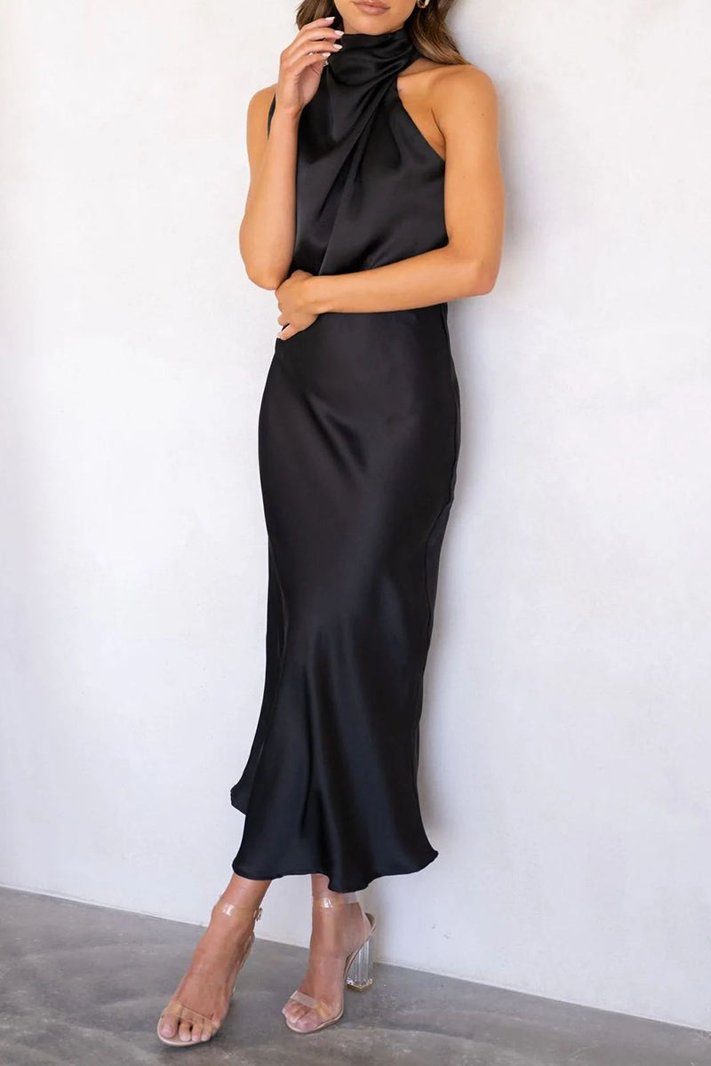 Elegante vestido de cuello alto con pliegues lisos y falda de un solo paso (5 colores)