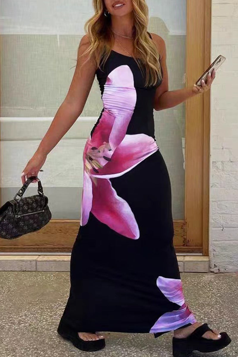 Vestidos sexis con estampado de flores y escote en U, falda de un solo paso