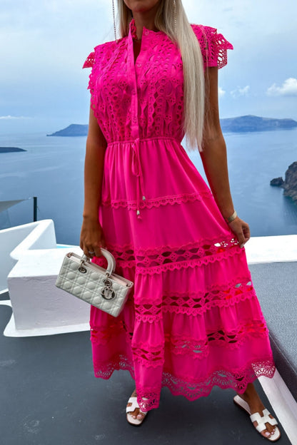 Vestidos largos casuales de cuello redondo con botones y patchwork liso