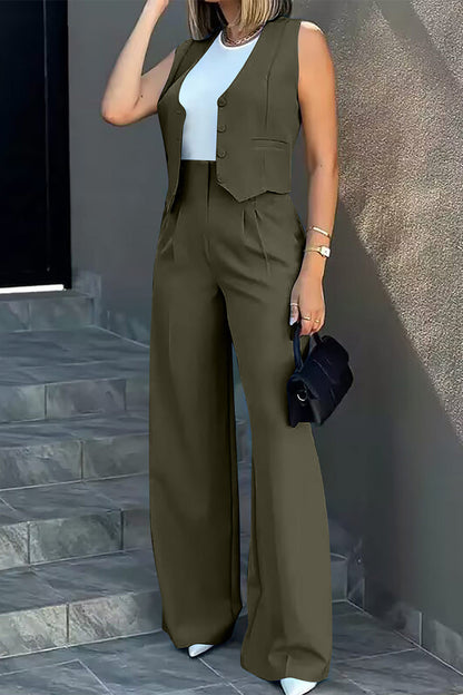 Conjunto de dos piezas sin mangas con escote en V y bolsillos sólidos de estilo británico (8 colores)