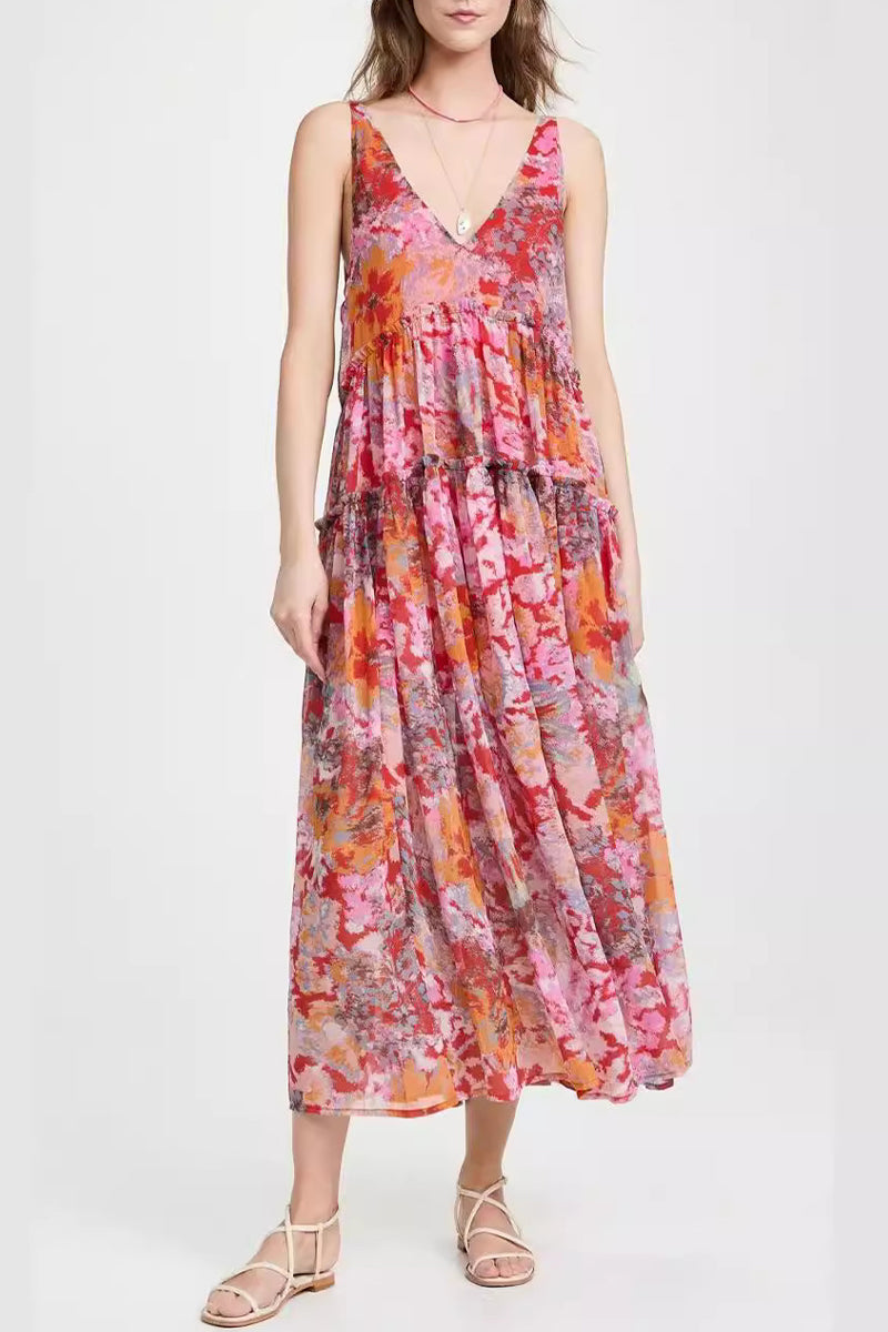 Vestidos casuales sin mangas con cuello en V y pliegues florales