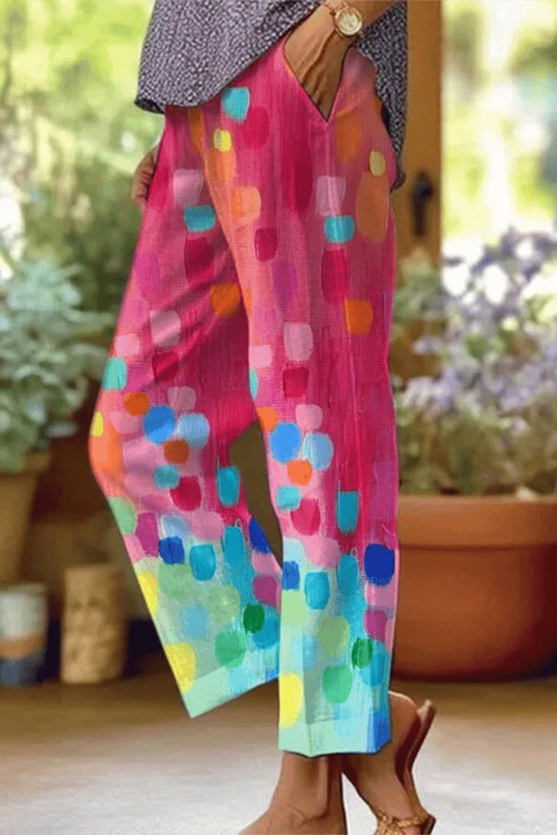 Pantalones casuales de patchwork floral, sueltos, de cintura media, rectos, con estampado completo