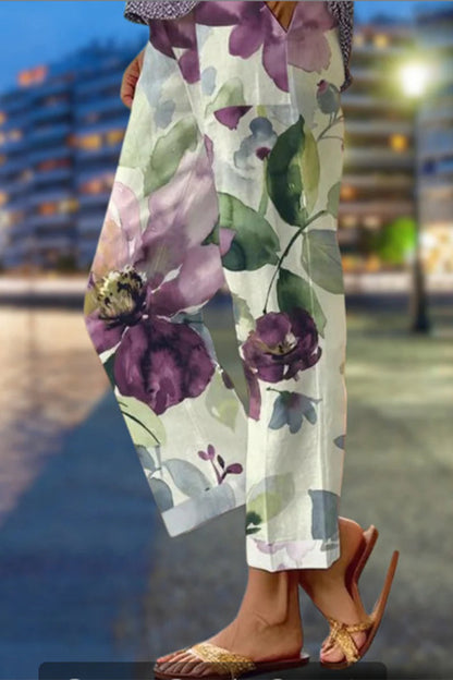 Pantalones casuales de patchwork floral, sueltos, de cintura media, rectos, con estampado completo