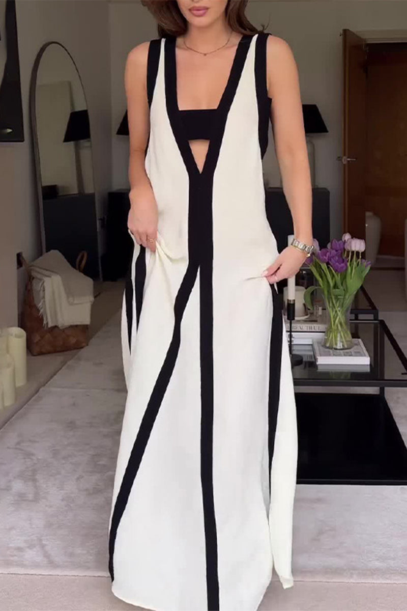 Vestidos casuales sin mangas con escote en V, ribete de fibra y contraste sólido