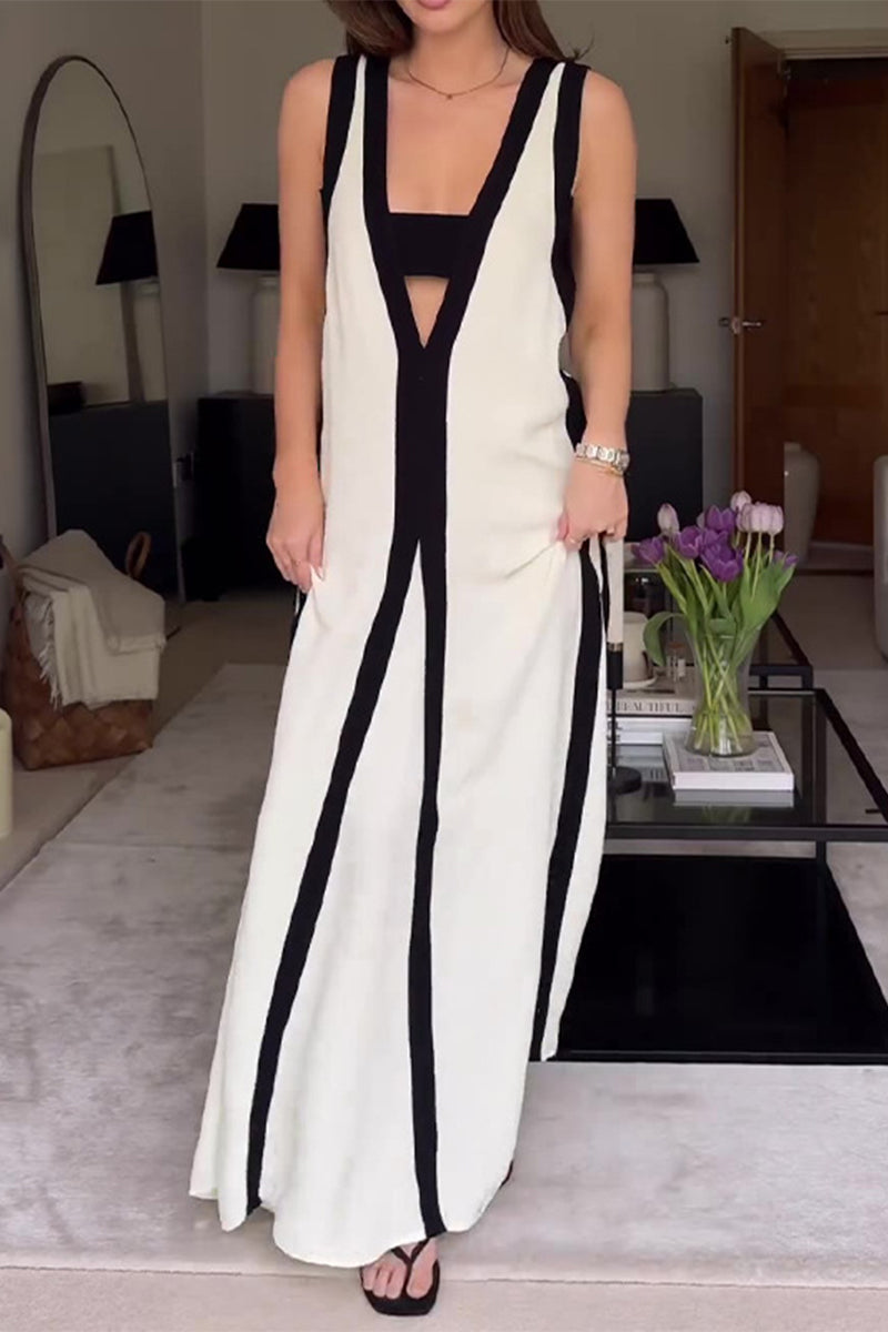 Vestidos casuales sin mangas con escote en V, ribete de fibra y contraste sólido