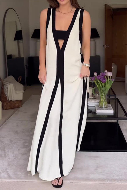 Vestidos casuales sin mangas con escote en V, ribete de fibra y contraste sólido