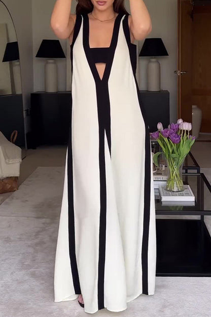 Vestidos casuales sin mangas con escote en V, ribete de fibra y contraste sólido