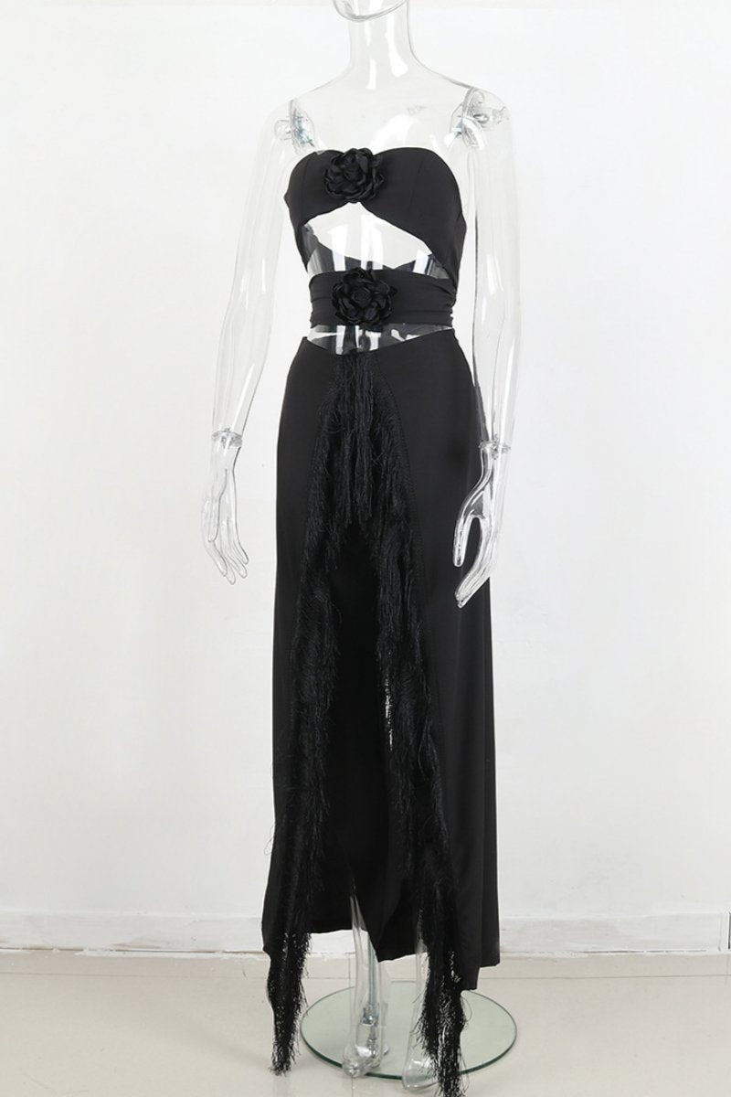 Conjunto de dos piezas sexy informal con borlas sólidas, ahuecado, sin espalda, con abertura y sin tirantes