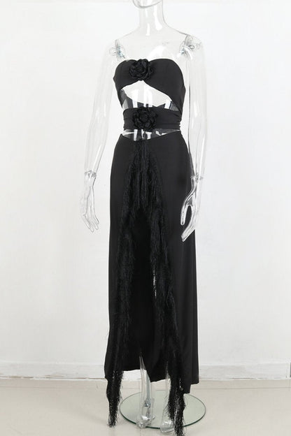 Conjunto de dos piezas sexy informal con borlas sólidas, ahuecado, sin espalda, con abertura y sin tirantes