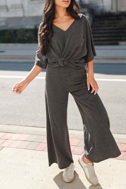 Conjunto informal sencillo de dos piezas con cuello en V, manga corta y bolsillos lisos (4 colores)