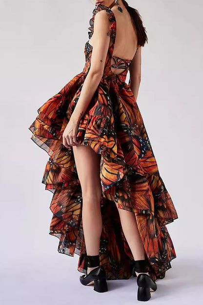 Vestidos asimétricos de cuello cuadrado con volantes y estampado de mariposas sexys