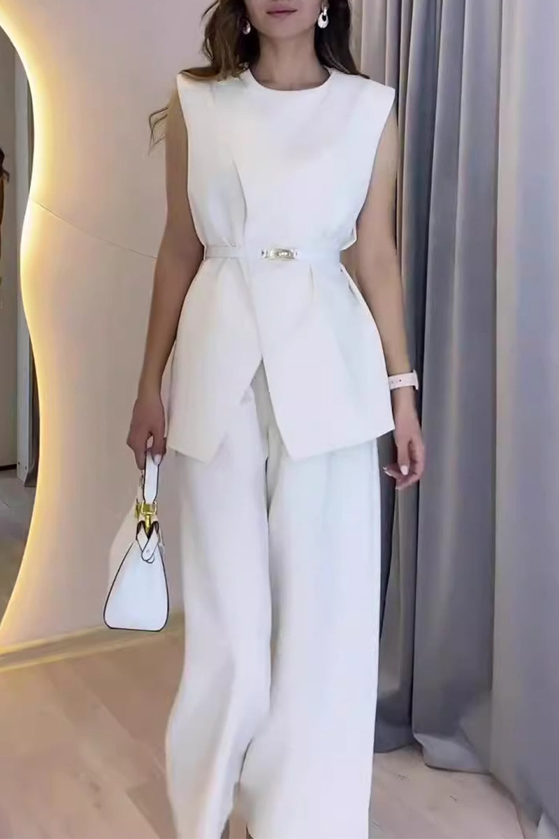 Elegante simplicidad, sólido, bolsillo, cuello redondo, sin mangas, dos piezas