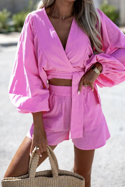 Conjunto de dos piezas con escote en V, manga larga y pliegues de frenillo liso (3 colores)