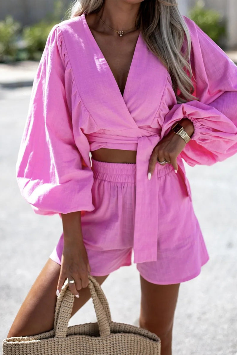 Conjunto de dos piezas con escote en V, manga larga y pliegues de frenillo liso (3 colores)